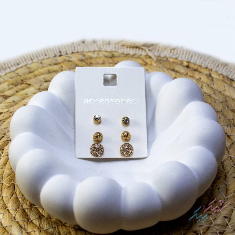 پک گوشواره میخی  سه جفتی مدل توپی نگین  دار - Image 1