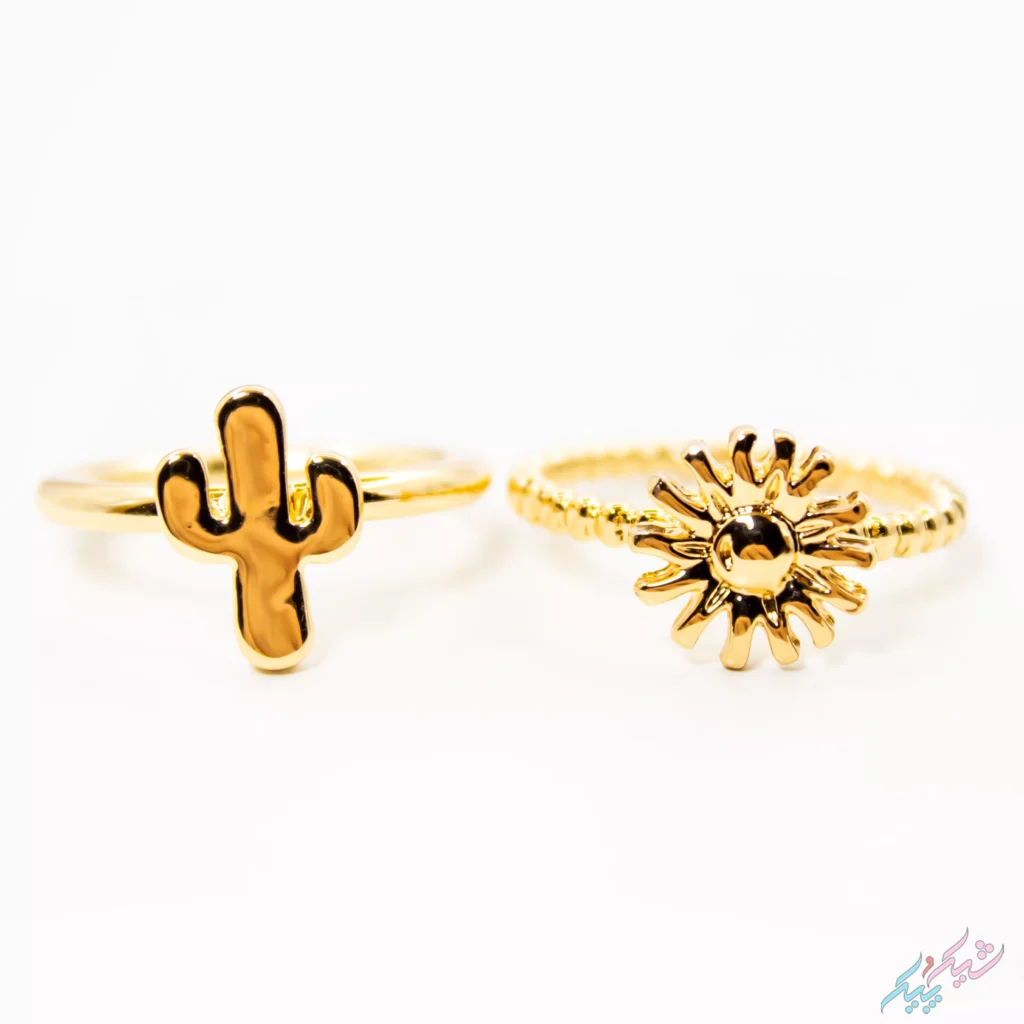 ست انگشتر طلایی فانتزی با طرح کاکتوس و خورشید