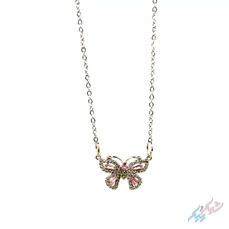 گردنبند پروانه‌ای با نگین‌های صورتی