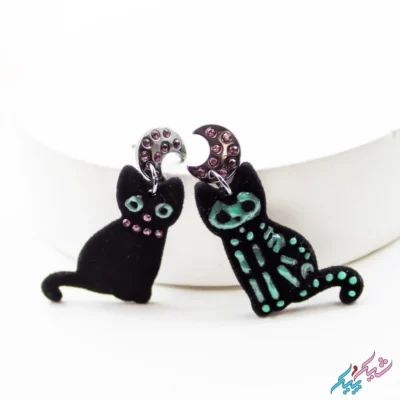 گوشواره میخی هالوین طرح گربه و اسکلت گربه شب تاب