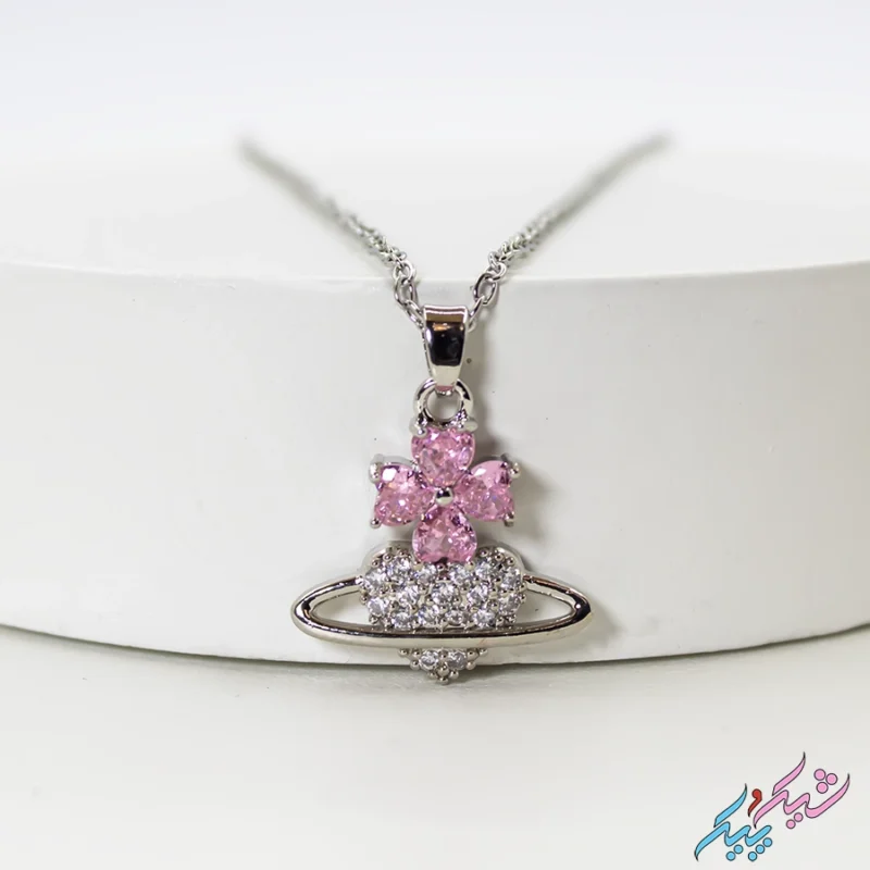 خرید گردنبند طرح سیاره و گل صورتی