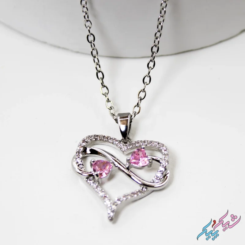 خرید گردنبند قلب و اینفینیتی نگین‌دار صورتی