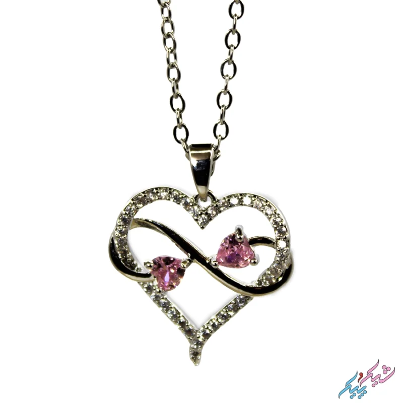 خرید گردنبند قلب و اینفینیتی نگین‌دار صورتی
