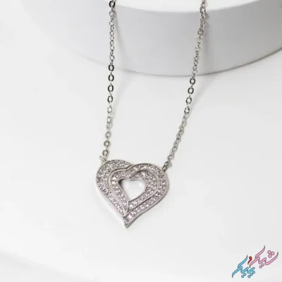 گردنبند نقره ۹۲۵ طرح قلب در قلب فول نگین