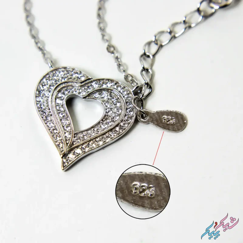 گردنبند نقره ۹۲۵ طرح قلب در قلب فول نگین