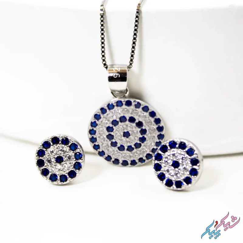 نیم ست نقره ۹۲۵ «چشم نظر»  | نگین‌های آبی تیره و سفید - Image 2